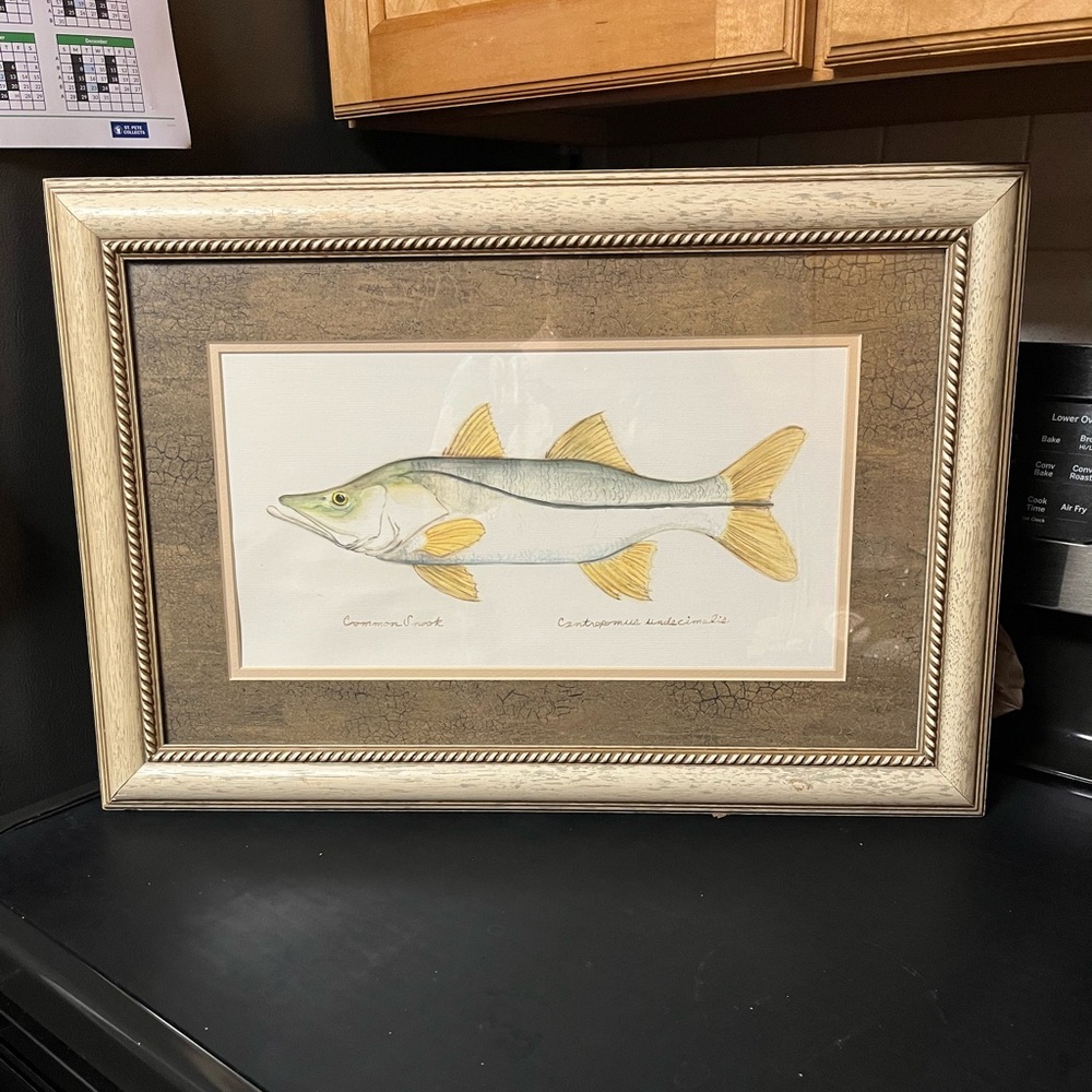 Framed Fish Art Print with Gold and Brown Accents